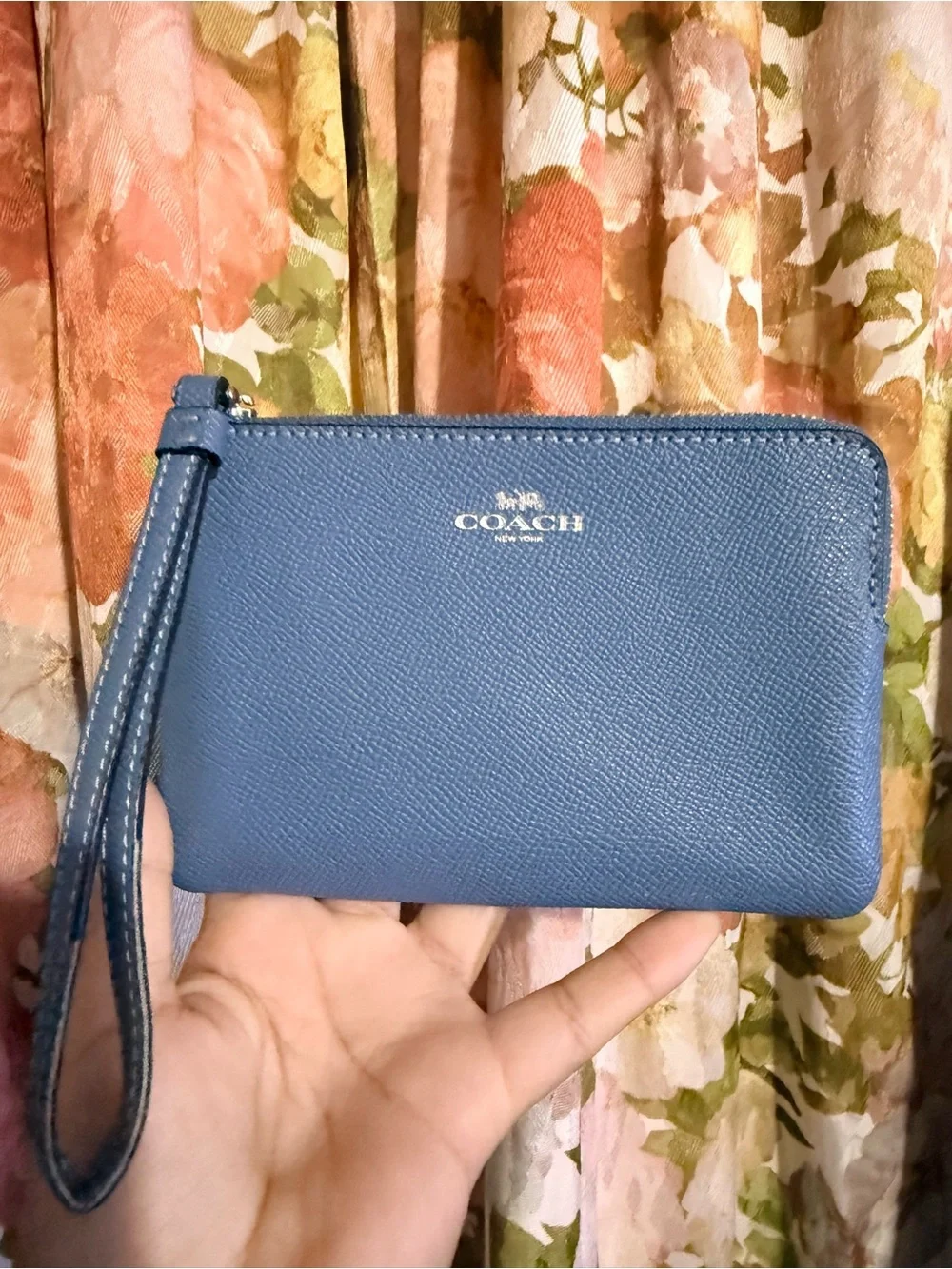 Coach Blue Leather Wristlet with Gold Logo